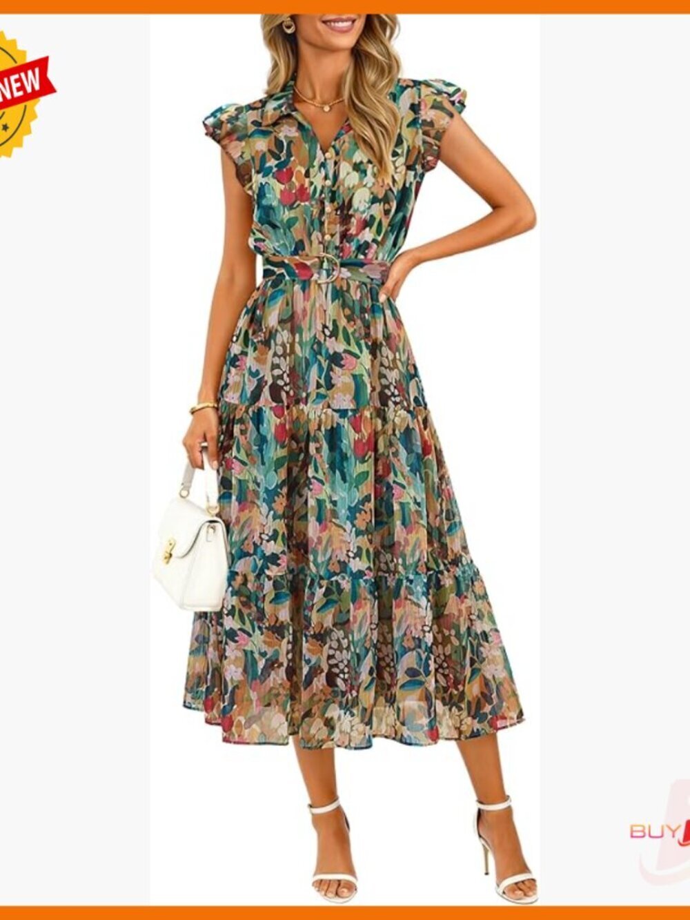 Floral Midi Dress Chiffon Button Down Short Sleeve Wedding Guest Party